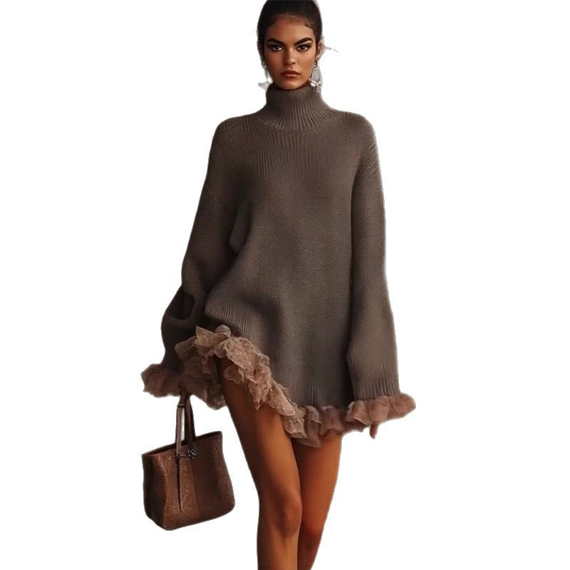 Knitted High-neck Ruffled Long-sleeve Gray Sweater