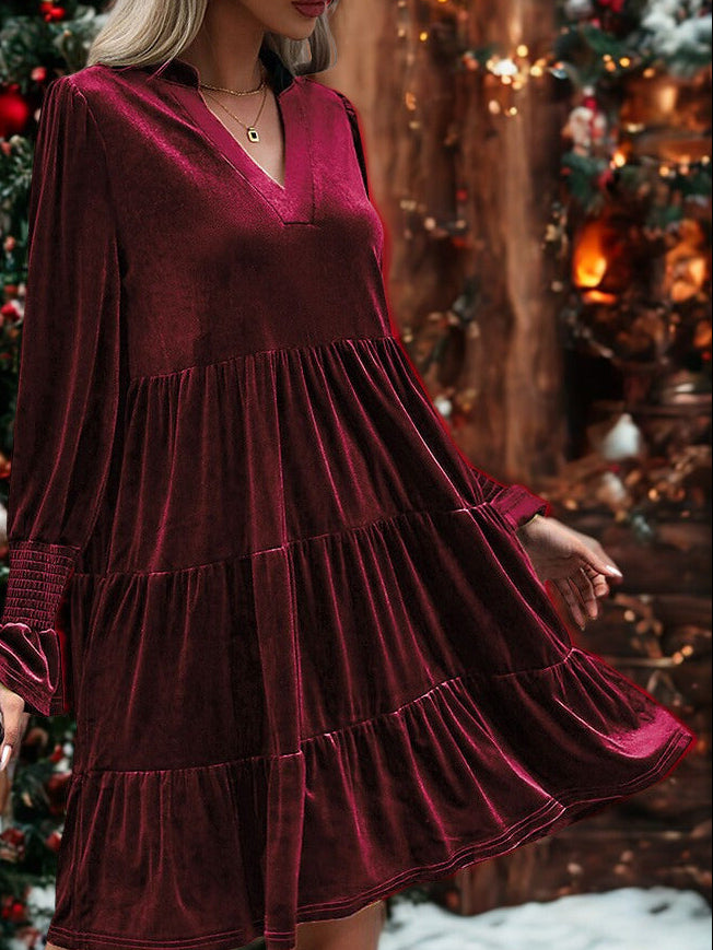 Long Sleeve Christmas Skirt Velvet Cake Dresses With Puffy Sleeves And V-Neck Mini Skirt Elegant Short Dress For Women New Year Party Clothing