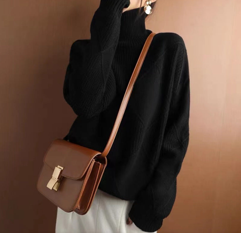 Pull Col Roulé en Maille à Motif Losange 3D – Élégance et Confort au Quotidien