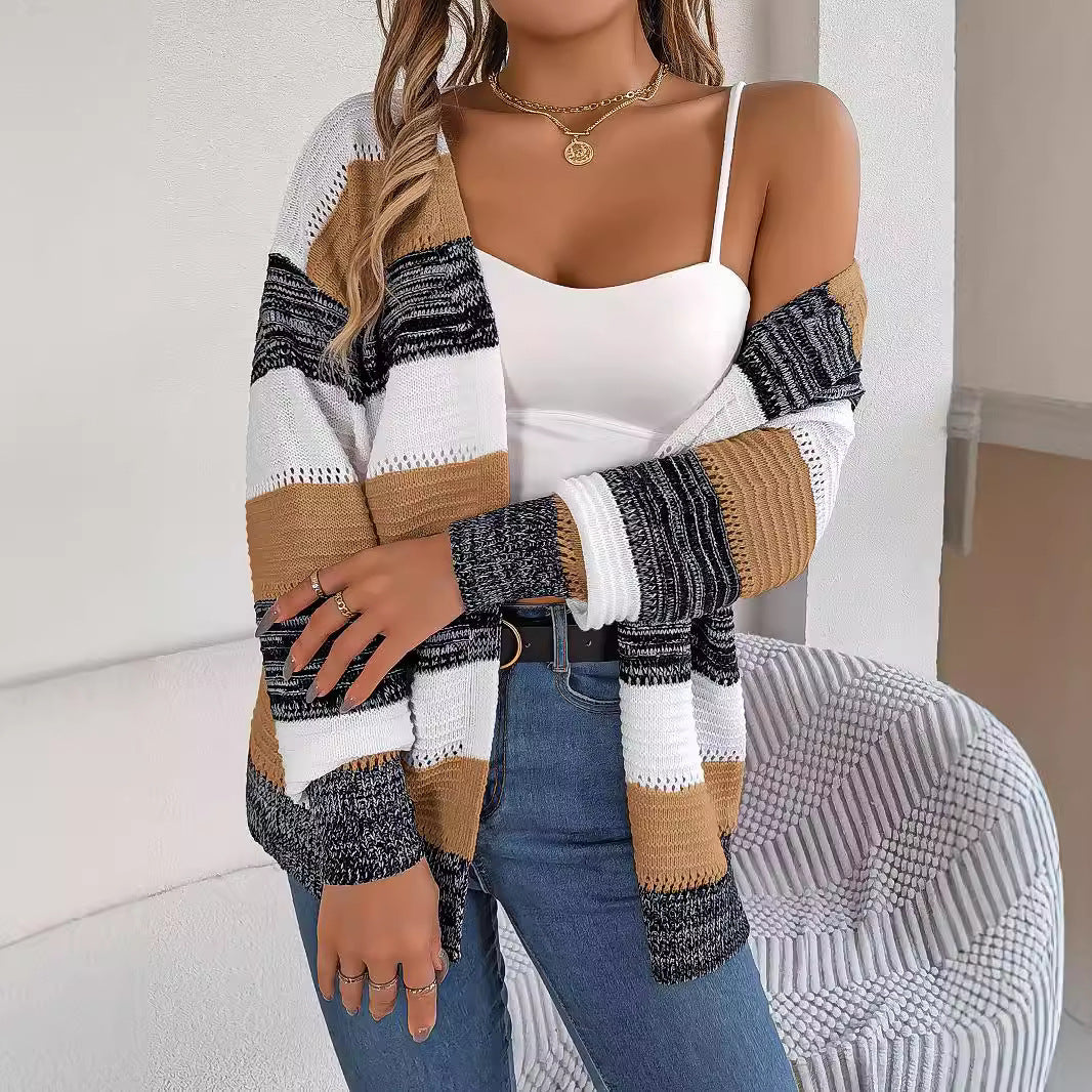 Cardigan à Manches Lanterne et Rayures Contrastées – Tissu Luxe