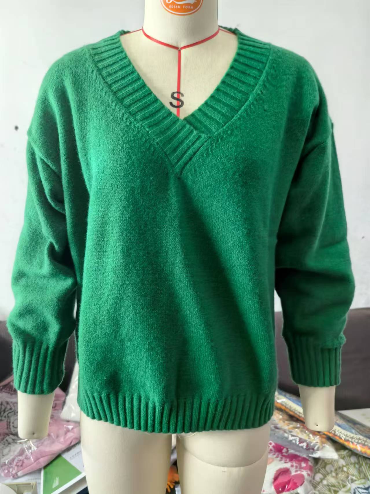 Solid V-neck Sweater Fashion Loose Long-sleeved Knitted Tops Autumn And Winter Women's Clothing