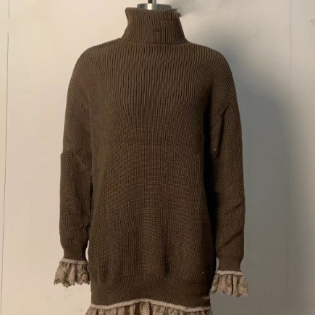 Knitted High-neck Ruffled Long-sleeve Gray Sweater