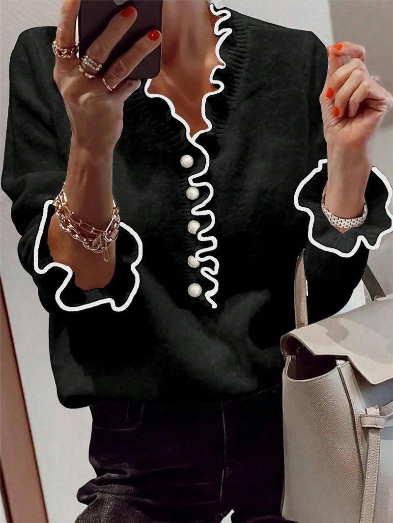 Pull Col V Bicolore avec Boutons Perle et Manches Volants – Élégance Bohème et Tendance Urbaine