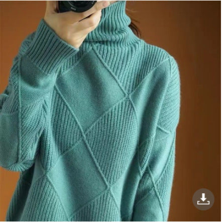 Pull Col Roulé en Maille à Motif Losange 3D – Élégance et Confort au Quotidien