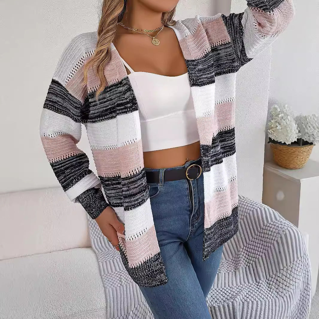 Cardigan à Manches Lanterne et Rayures Contrastées – Tissu Luxe