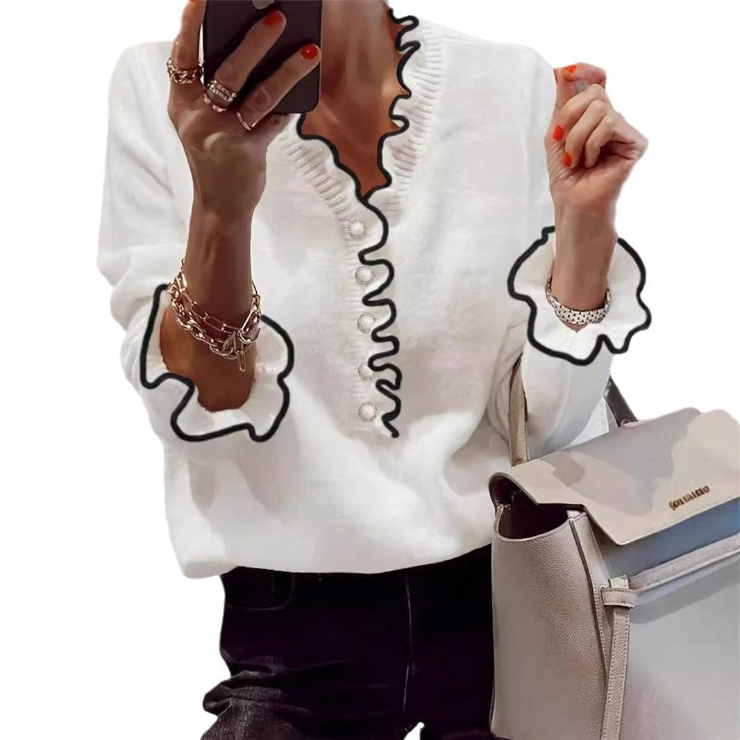 Pull Col V Bicolore avec Boutons Perle et Manches Volants – Élégance Bohème et Tendance Urbaine